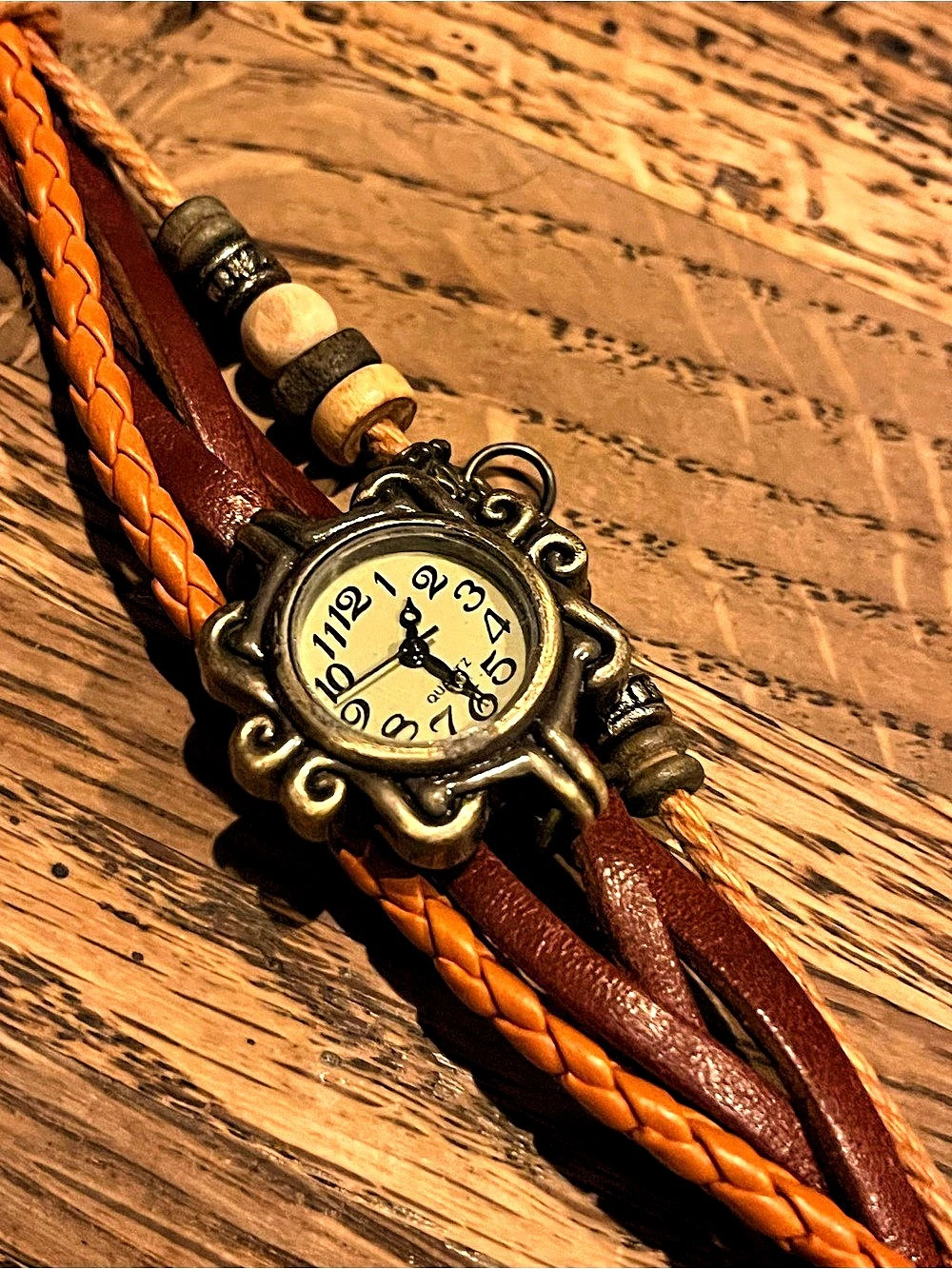 Brown & Orange Leather Wrap Watch